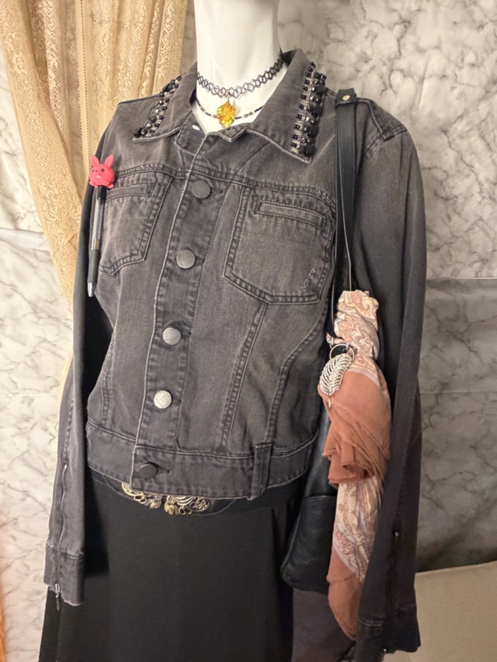 CAbi Embellished Denim Jacket Black Studded Collar Jean Jacket M Edgy Grunge Y2K